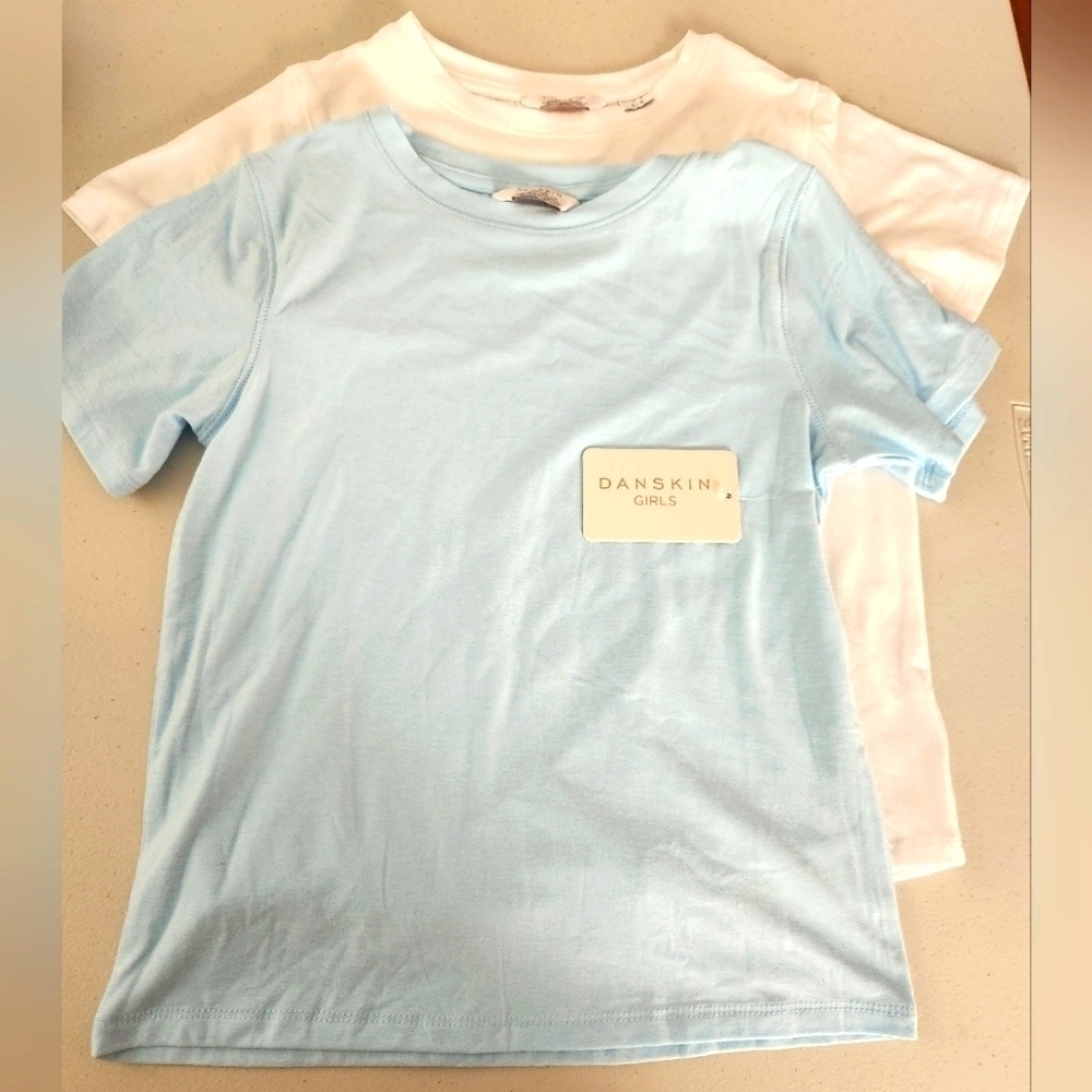 NWT Danskin Soft Short Sleeve Tees (2), light blue & white Size 5/6